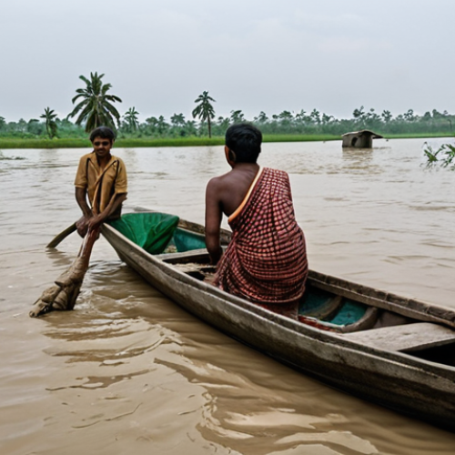 Home 11 **A flooded village in the Bengal Delta.** Show houses submerged in water, with people evacuating by boat. In the foreground, a distraught fisherman looks out at the scene. The image should evoke a sense of loss and despair, but also resilience. Overcast sky, typical Bengal Delta landscape.
