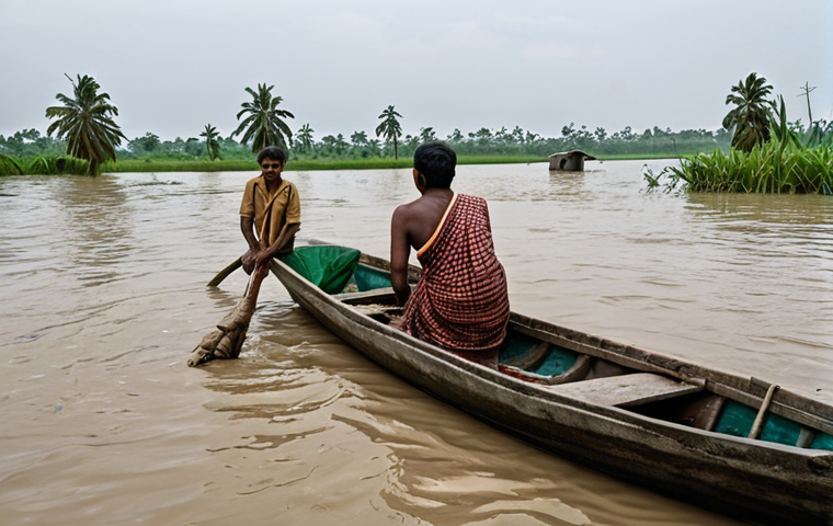 **A flooded village in the Bengal Delta.** Show houses submerged in water, with people evacuating by boat. In the foreground, a distraught fisherman looks out at the scene. The image should evoke a sense of loss and despair, but also resilience. Overcast sky, typical Bengal Delta landscape.