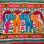 **

A vibrant Nakshi Kantha quilt depicting a central lotus flower surrounded by elephants and fish. The quilt is made from repurposed colorful saris, showcasing intricate stitching and a rich tapestry of patterns. The style should be folk art with a focus on detail and storytelling.

**