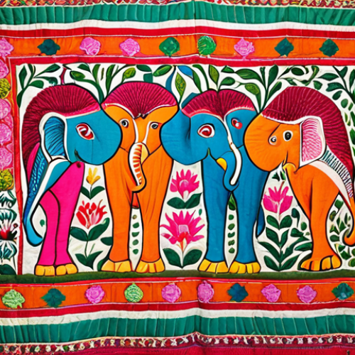 Home 6 **
A vibrant Nakshi Kantha quilt depicting a central lotus flower surrounded by elephants and fish. The quilt is made from repurposed colorful saris, showcasing intricate stitching and a rich tapestry of patterns. The style should be folk art with a focus on detail and storytelling.
**