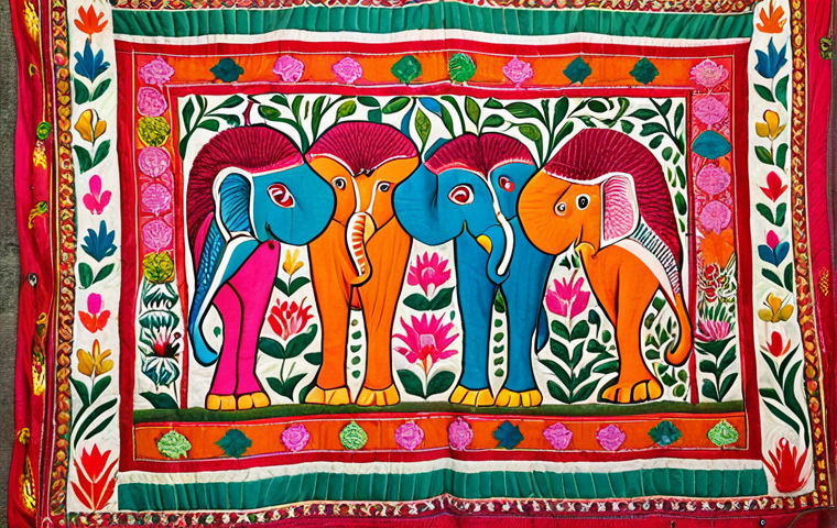 **
A vibrant Nakshi Kantha quilt depicting a central lotus flower surrounded by elephants and fish. The quilt is made from repurposed colorful saris, showcasing intricate stitching and a rich tapestry of patterns. The style should be folk art with a focus on detail and storytelling.
**