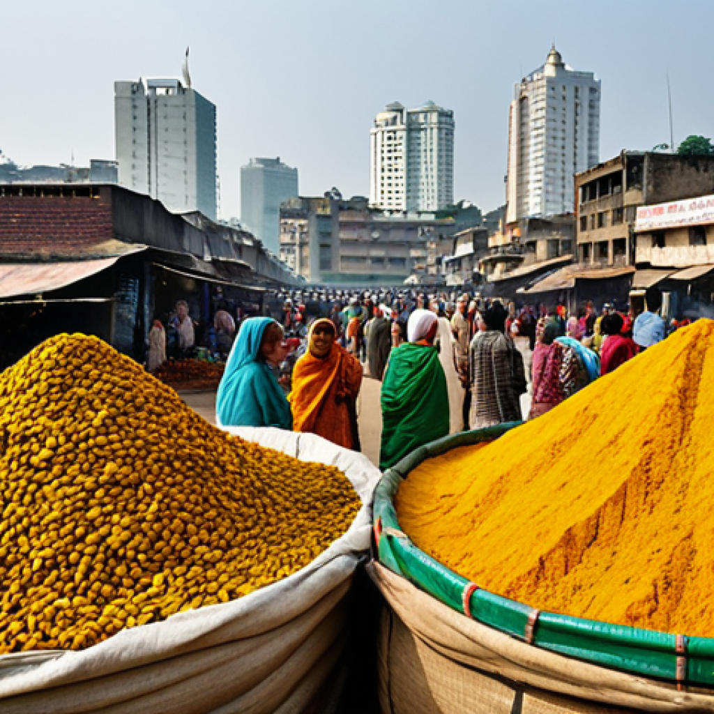 Spice Market in Dhaka**

"A bustling spice market in Dhaka, Bangladesh. Sacks overflowing with brightly colored turmeric, fragrant cardamom pods, and cinnamon sticks. Vendors in traditional clothing selling their wares. In the background, glimpses of the city skyline. Safe for work, appropriate content, fully clothed, professional photography, perfect anatomy, natural proportions, high quality, modest attire, family-friendly scene."

**