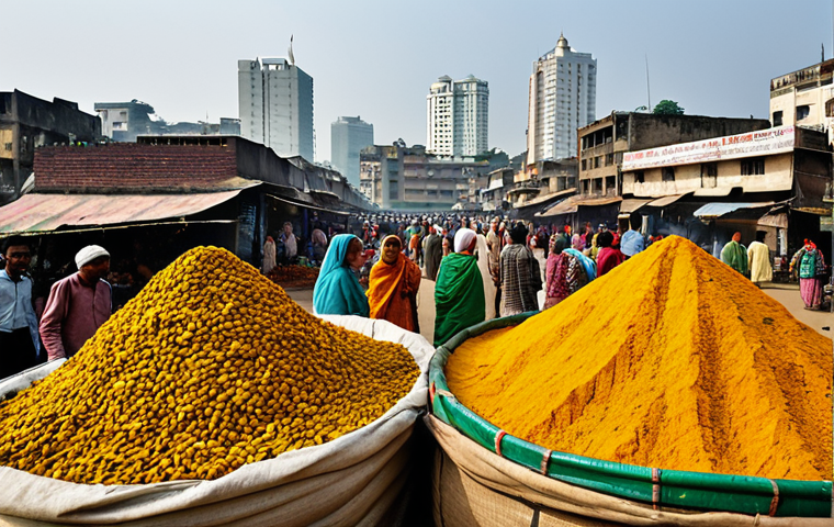 Spice Market in Dhaka**

"A bustling spice market in Dhaka, Bangladesh. Sacks overflowing with brightly colored turmeric, fragrant cardamom pods, and cinnamon sticks. Vendors in traditional clothing selling their wares. In the background, glimpses of the city skyline. Safe for work, appropriate content, fully clothed, professional photography, perfect anatomy, natural proportions, high quality, modest attire, family-friendly scene."

**