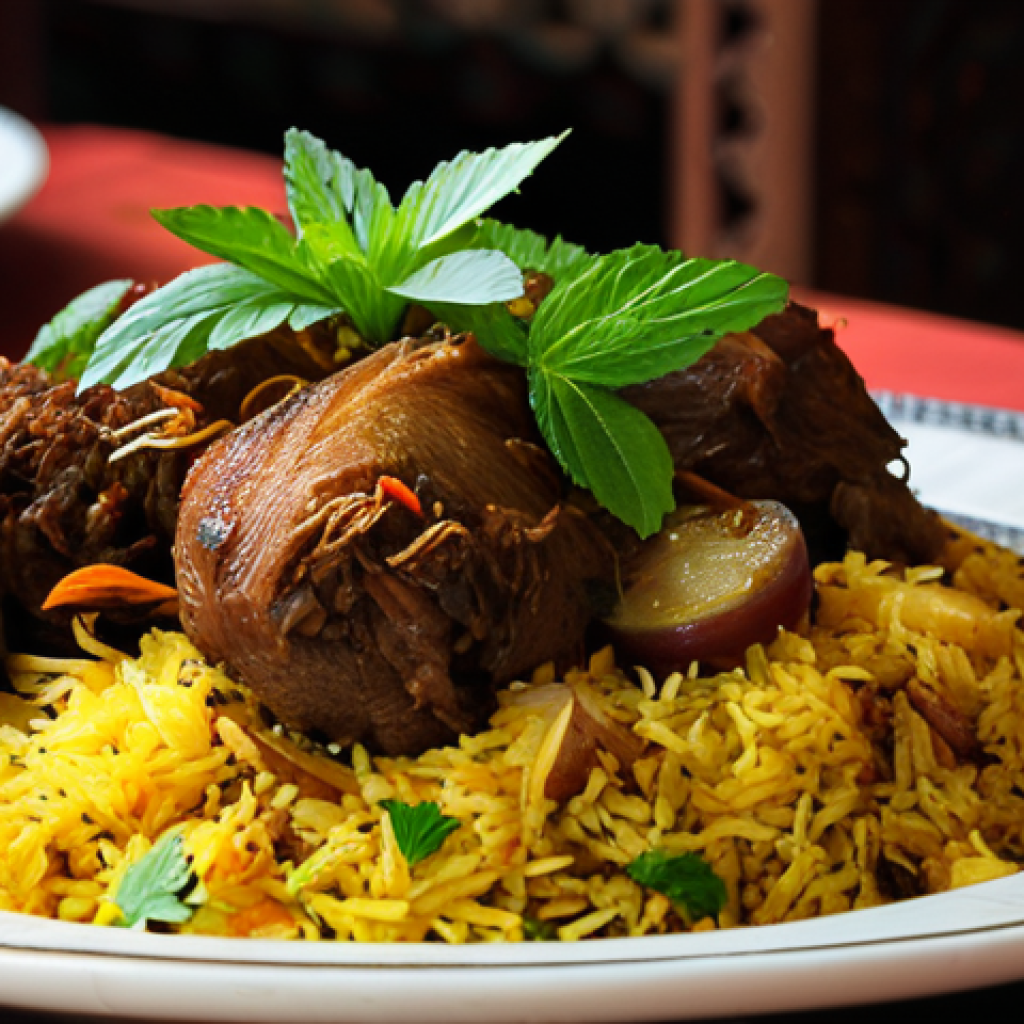 Royal Dhaka Biryani**

"A beautifully plated serving of Dhaka Biryani, showcasing succulent pieces of lamb and saffron-infused rice, garnished with mint and fried onions, served on fine china. Background: A formal dining setting in a historic Dhaka home, with ornate details and soft lighting. fully clothed, safe for work, appropriate content, perfect anatomy, natural proportions, professional food photography, high quality"

**
