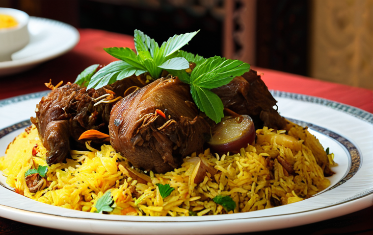 Royal Dhaka Biryani**

"A beautifully plated serving of Dhaka Biryani, showcasing succulent pieces of lamb and saffron-infused rice, garnished with mint and fried onions, served on fine china. Background: A formal dining setting in a historic Dhaka home, with ornate details and soft lighting. fully clothed, safe for work, appropriate content, perfect anatomy, natural proportions, professional food photography, high quality"

**