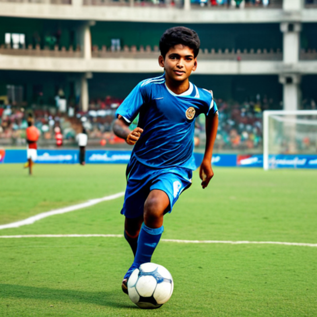 Rising Football Star**

A young, determined football player in a full team kit, running with a ball on a well-maintained pitch in Dhaka. Background shows a cheering crowd in a stadium. Fully clothed, appropriate attire, safe for work, perfect anatomy, natural proportions, professional sports photography, high quality, modest, family-friendly.

**