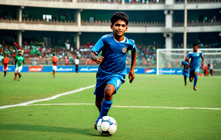 Rising Football Star**

A young, determined football player in a full team kit, running with a ball on a well-maintained pitch in Dhaka. Background shows a cheering crowd in a stadium. Fully clothed, appropriate attire, safe for work, perfect anatomy, natural proportions, professional sports photography, high quality, modest, family-friendly.

**