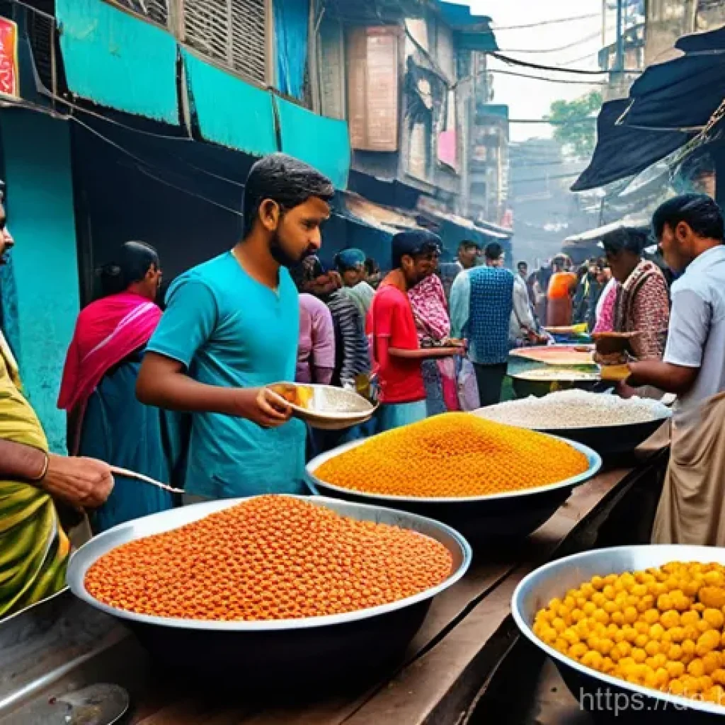 방글라데시에서 현지 음식을 맛보는 법 - A bustling street food scene in Dhaka, Bangladesh, during a lively daytime. Focus on multiple food s...