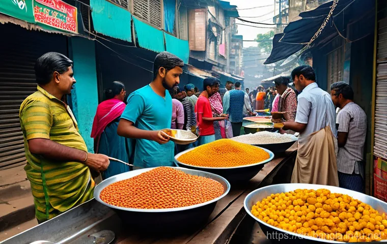 방글라데시에서 현지 음식을 맛보는 법 - A bustling street food scene in Dhaka, Bangladesh, during a lively daytime. Focus on multiple food s...