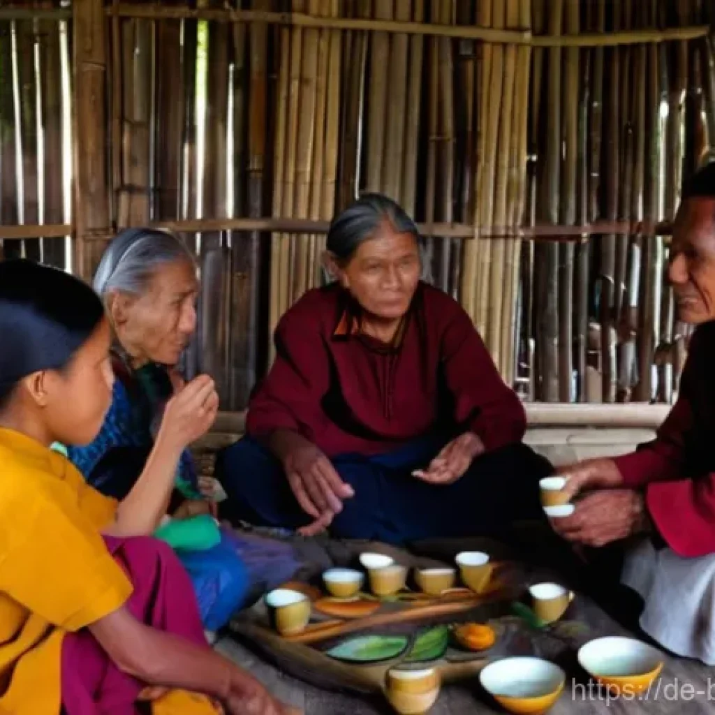 방글라데시 국경 지역 여행 - **Prompt:** A heartwarming scene depicting an intergenerational gathering of indigenous people, perh...