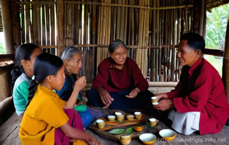 방글라데시 국경 지역 여행 - **Prompt:** A heartwarming scene depicting an intergenerational gathering of indigenous people, perh...