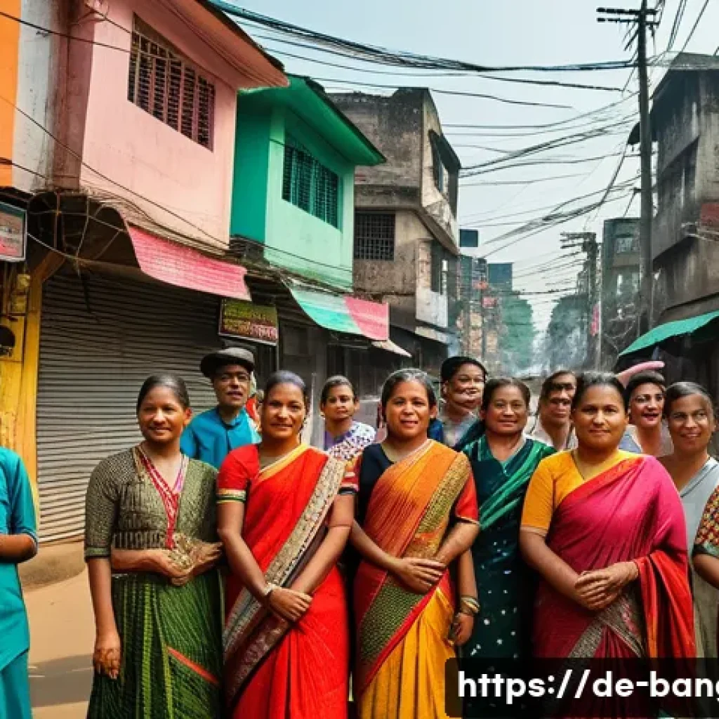 방글라데시 언어 문제 - A vibrant street scene in Dhaka, Bangladesh, showcasing a diverse group of people from various ethni...