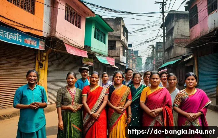 방글라데시 언어 문제 - A vibrant street scene in Dhaka, Bangladesh, showcasing a diverse group of people from various ethni...