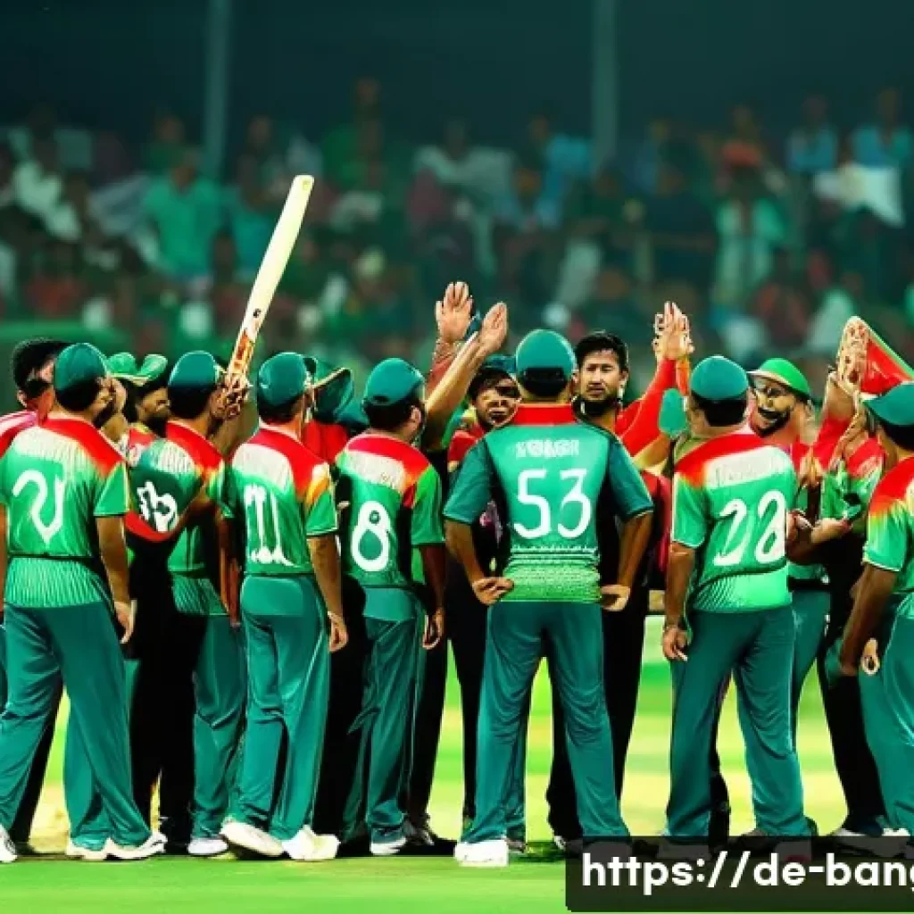 방글라데시 크리켓 국가대표팀 - A dynamic scene of the Bangladesh national cricket team during an intense international match, showc...