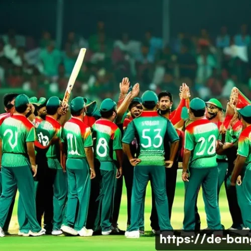 방글라데시 크리켓 국가대표팀 - A dynamic scene of the Bangladesh national cricket team during an intense international match, showc...