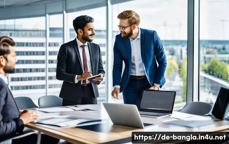 방글라데시와 국제 무역 협정 - A dynamic business meeting scene inside a modern office in Germany, featuring diverse German and Ban...