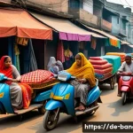 방글라데시에서 사진 촬영하기 좋은 장소 - A vibrant, bustling street market scene in Dhaka during early morning light, featuring colorful fabr...