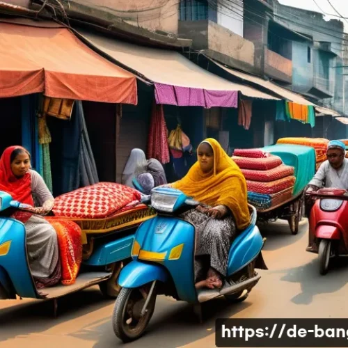 방글라데시에서 사진 촬영하기 좋은 장소 - A vibrant, bustling street market scene in Dhaka during early morning light, featuring colorful fabr...