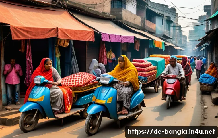 방글라데시에서 사진 촬영하기 좋은 장소 - A vibrant, bustling street market scene in Dhaka during early morning light, featuring colorful fabr...