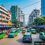 방글라데시와 글로벌 기술 협력 - A vibrant urban scene in Dhaka, Bangladesh, showcasing a bustling smart city intersection with visib...
