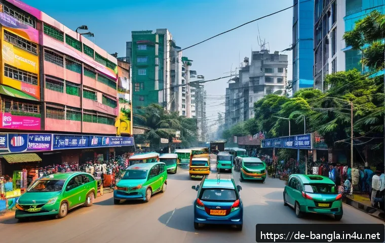 방글라데시와 글로벌 기술 협력 - A vibrant urban scene in Dhaka, Bangladesh, showcasing a bustling smart city intersection with visib...