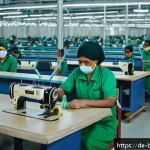 방글라데시의 글로벌 무역 시장 - A bustling modern textile factory in Bangladesh, showcasing rows of workers wearing protective cloth...