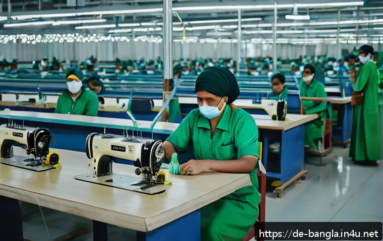 방글라데시의 글로벌 무역 시장 - A bustling modern textile factory in Bangladesh, showcasing rows of workers wearing protective cloth...