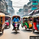 방글라데시 여행용 어플 - A bustling urban street scene in Dhaka, Bangladesh, showcasing a vibrant mix of rickshaws, CNG auto-...