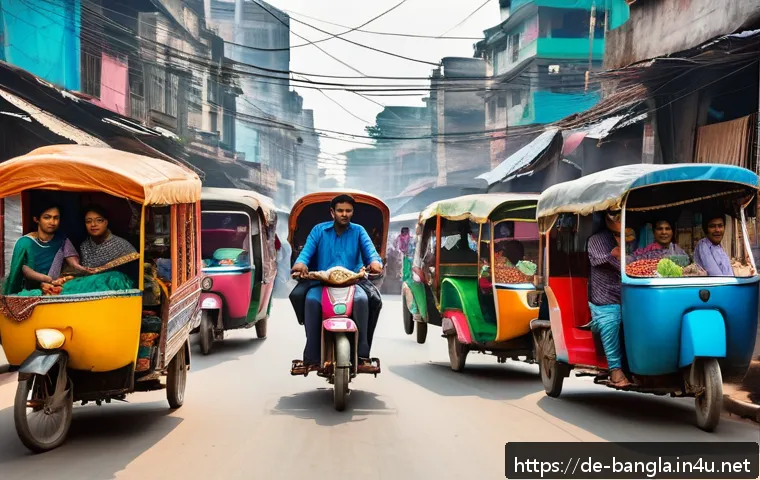 방글라데시 여행용 어플 - A bustling urban street scene in Dhaka, Bangladesh, showcasing a vibrant mix of rickshaws, CNG auto-...