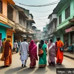 방글라데시 지역별 방언 차이 - A vibrant street scene in Dhaka, Bangladesh, showcasing a diverse group of urban residents engaged i...
