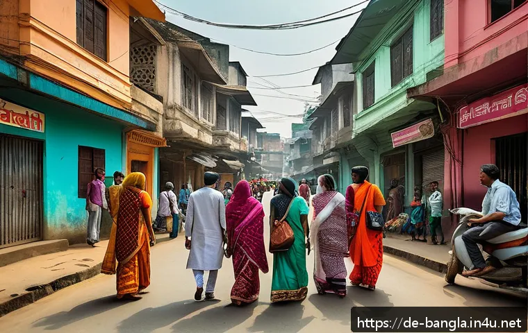 방글라데시 지역별 방언 차이 - A vibrant street scene in Dhaka, Bangladesh, showcasing a diverse group of urban residents engaged i...