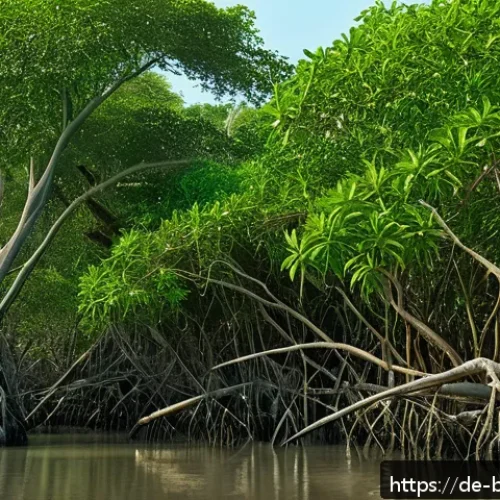 방글라데시 벵골 만 풍경 - A vibrant and detailed scene of the Sundarbans mangrove forest in Bangladesh, showing dense, tangled...