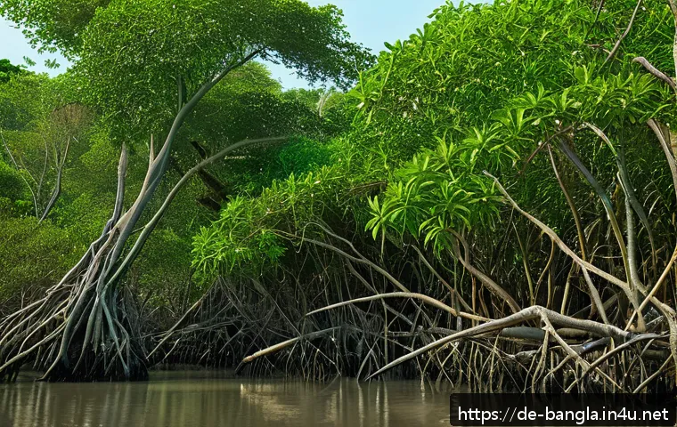 방글라데시 벵골 만 풍경 - A vibrant and detailed scene of the Sundarbans mangrove forest in Bangladesh, showing dense, tangled...