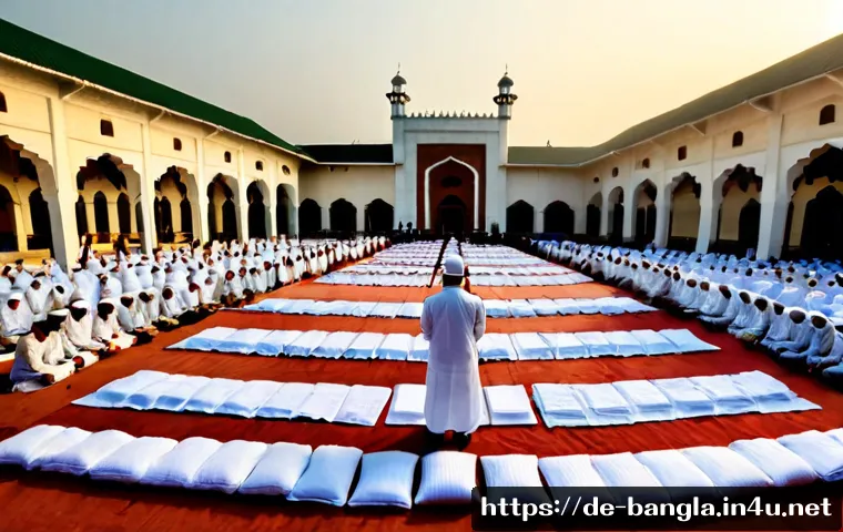 방글라데시의 종교 행사 - Photorealistic wide-angle scene of a Bangladesh Eid morning prayer gathering in an open mosque court...