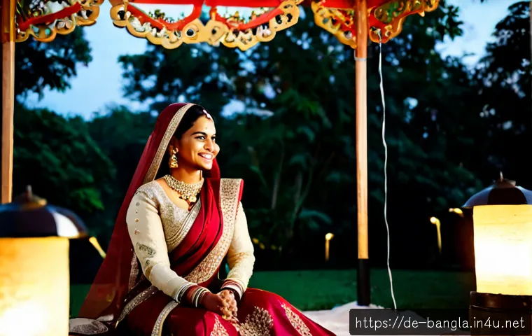 방글라데시 결혼식 문화 - Photorealistic Bangladeshi wedding ceremony, bride wearing an elegant deep red silk sari with intric...